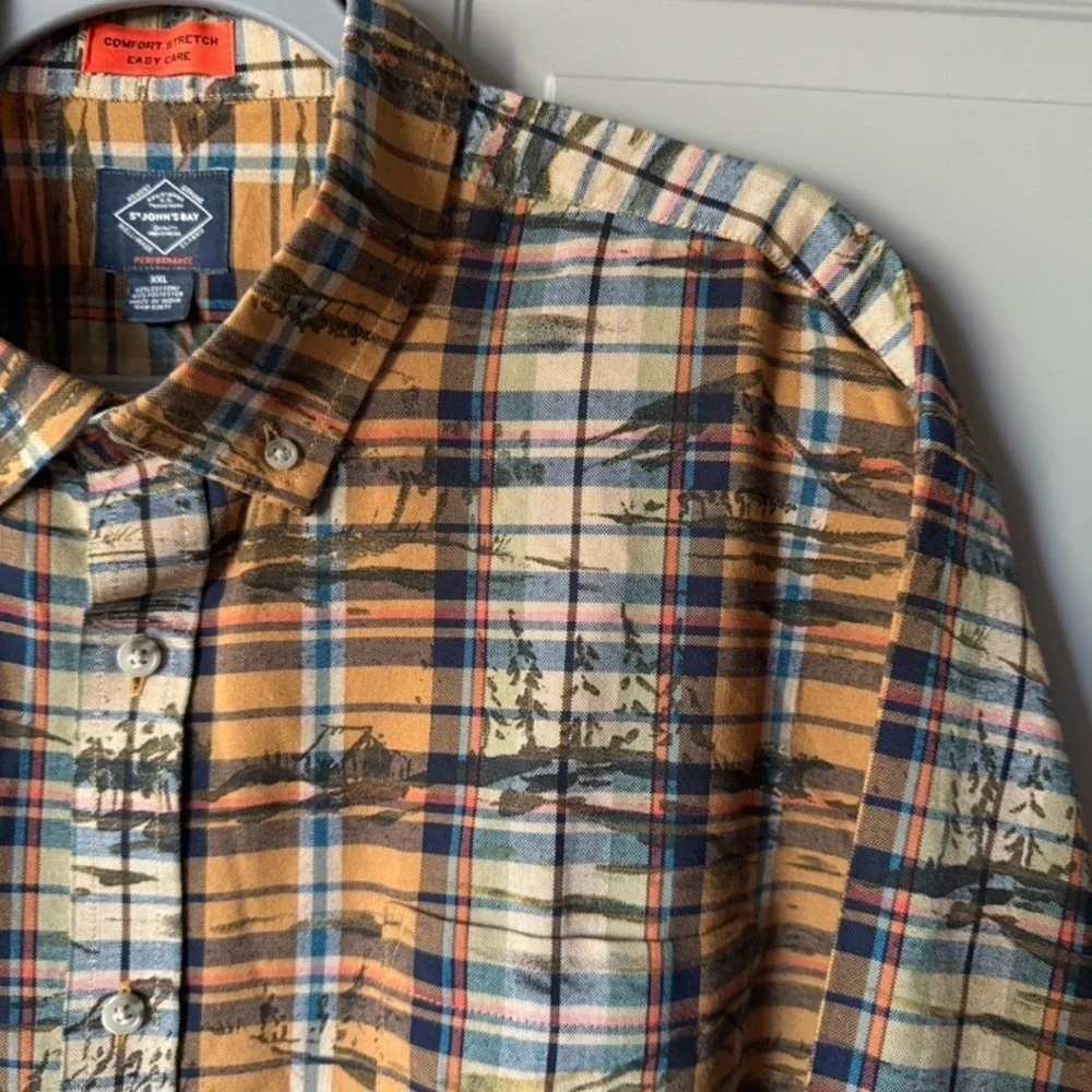 St. John's Bay Mountain Plaid Performance Button Down Shirt, Orange‎ Brown, XXL